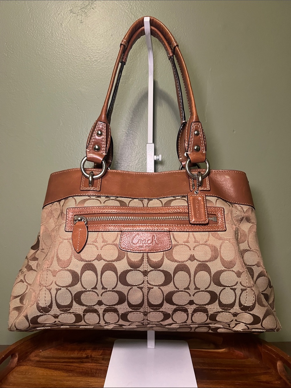 Coach Penelope Signature Jacquard Shoulder Tote with Brown Leather Trim